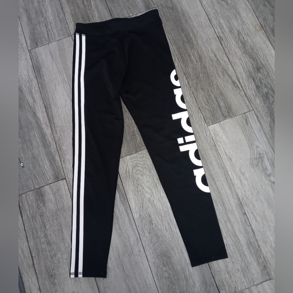 ADIDAS GIRL'S 10/12 LARGE LOGO 3 STRIPE ATHLETIC LEGGINGS BLACK WHITE